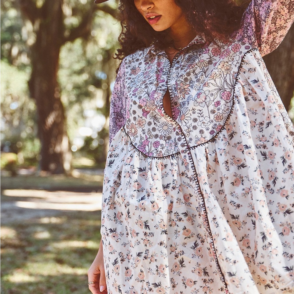 Free People White Floral Babydoll Dress with Pink and Purple Accents